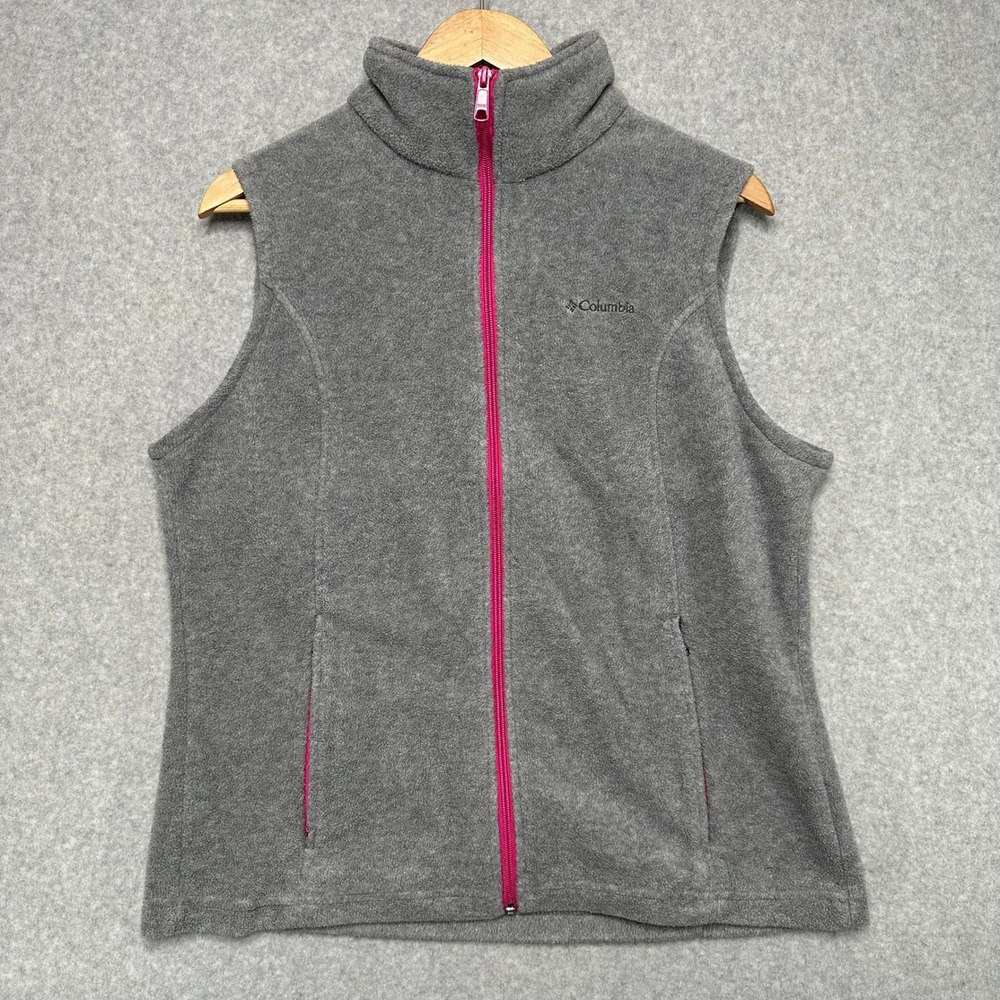Columbia Fleece Vest Women's Size Large Gray Pink Zip Pockets